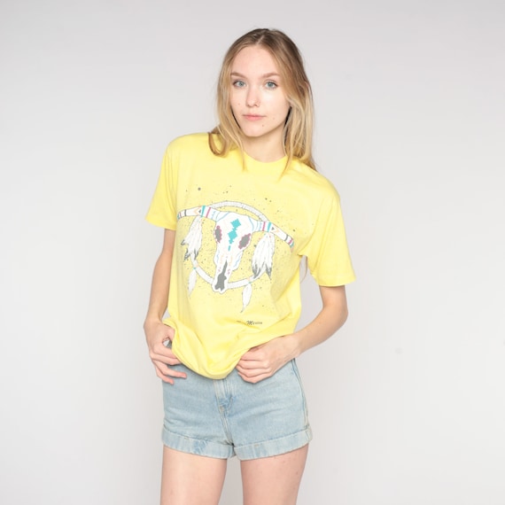 Vintage New Mexico T-Shirt 90s Yellow Southwestern Shirt Dreamcatcher Steer Skull Graphic Tee NM Native Art Tourist Tshirt 1990s Medium M