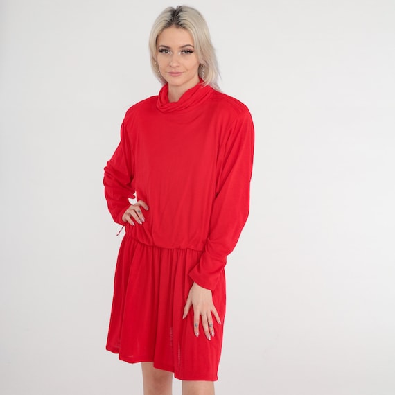 Red Mini Dress 80s Blouson Dress Slouchy Turtleneck Long sleeve Secretary High Waisted Retro Pleated Minidress Pocket Vintage 1980s Large