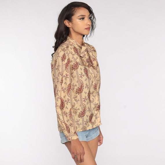 Paisley Ascot Blouse 70s Neck Tie Top Tan Psyched… - image 2