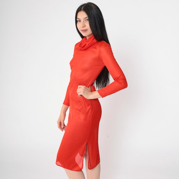 Vintage 70s Red Sheer Sheath Dress Cowl Neck Bodycon Long Sleeve Side Slit Midi Fitted 1970s Disco Eveningwear Sexy Night Out Small S