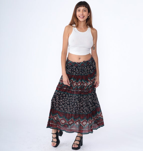 Geometric Broomstick Skirt 90s Hippie Striped Boho Skirt Red Black Green Maxi Bohemian Vintage Festival Hippy Skirt Button Up Medium Large