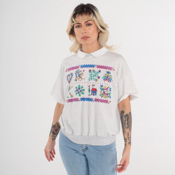 90s Top Striped Grey White Collared Shirt Floral Bird Horse Dog Print Retro Slouchy Polo Short Sleeve Banded Hem Blouse 1990s Vintage Large