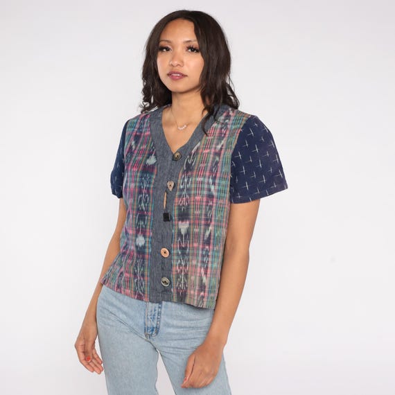Patchwork Button Up 90s Ikat Print Navy Chambray … - image 3