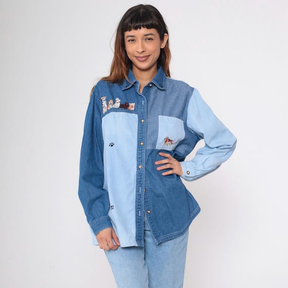 Denim Dog Shirt Y2K Color Block Blue Jean Button Up Blouse Embroidered Long Sleeve Cotton Chambray Chest Pocket Vintage 00s Extra Large xl