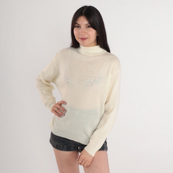 Cream Turtleneck Sweater 90s Knit Pullover Top Semi-Sheer Long Sleeve Shirt Acrylic Basic Funnel Turtle Neck Simple Plain Vintage 1990s XL