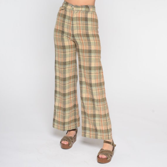 70s Plaid Trousers Retro Wide Leg Pants Hippie Bell Bottom Wool Blend High Waisted Flared Boho Tan Checkered Vintage 1970s Extra Small xs