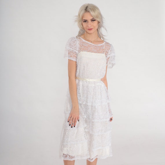 White Lace Dress 80s Tiered Midi Dress Sheer Floral Illusion Neckline Elopement Floral Wedding Puff Sleeve Boho Bridal Vintage 1980s Small S