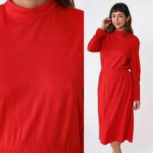 Plain Red Dress 80s Mock Neck Midi Dress Plain Low Elastic Waist Secretary 1980s Vintage Long Sleeve Solid Shift Basic Medium image 1