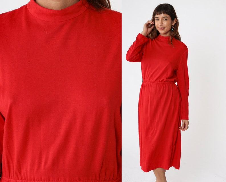 Plain Red Dress 80s Mock Neck Midi Dress Plain Low Elastic Waist Secretary 1980s Vintage Long Sleeve Solid Shift Basic Medium image 1