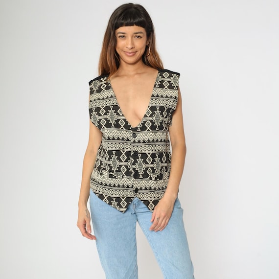 90s Tapestry Vest Men's Southwestern Print Vest Black Cream Boho Button Up Sleeveless Top Western Geometric Vintage 1990s Large L
