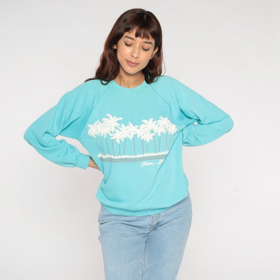 Vintage San Diego Sweatshirt 90s Turquoise Blue Palm Tree California Shirt  Retro Tourist Top Graphic Tee Raglan Sleeve 1990s Mens Medium M