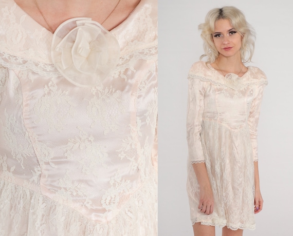 Gunne Sax Dress 80s Pink White Lace Mini Dress Puff Sleeve