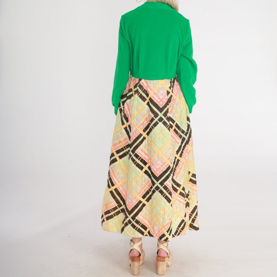 70s Maxi Dress Green Checkered Dress Quilted Skir… - image 6