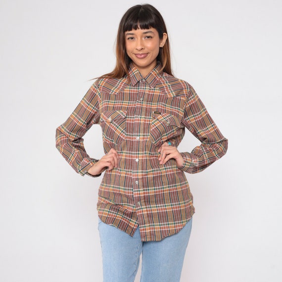 Plaid Western Shirt 90s Lee Button up Shirt Long Sleeve Collared Checkered Print Retro Preppy Chest Pocket Cowboy Vintage 1990s Medium M