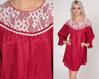 Red Mini Dress 70s Lace Bib Dress Embossed Leaf Print Long Sleeve Tent Dress Retro Trapeze Boho Party White Floral Vintage 1970s Medium