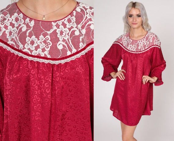 Red Mini Dress 70s Lace Bib Dress Embossed Leaf P… - image 1