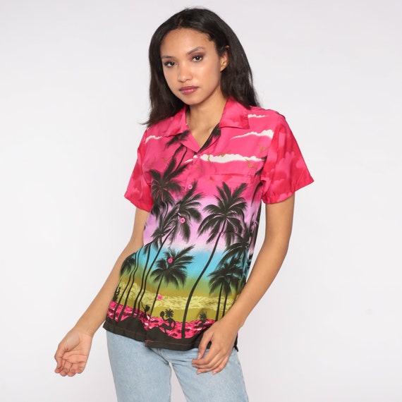 80s Hawaiian Shirt Palm Tree Luau Dancer Sunset P… - image 3