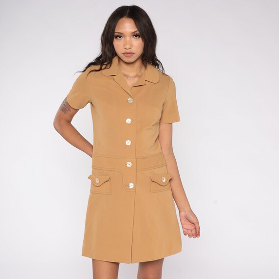 Mod Mini Romper Dress 60s Tan Shift Scooter Dress Built In Shorts Retro Sixties Gogo Short Sleeve Twiggy Retro Vintage 1960s Plain Medium