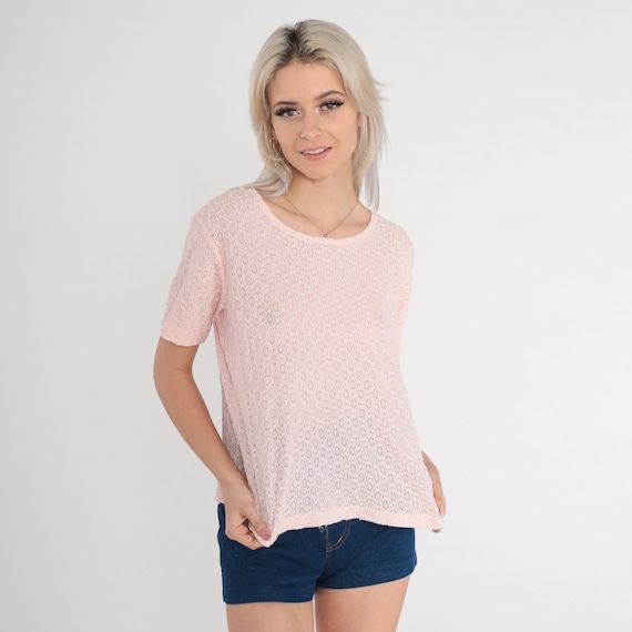 Sheer Lace Shirt 80s Baby Pink Cutout Top Retro Short Sleeve Tee Cut Out Print Blouse Boho Simple Chic Romantic Nylon 1980s Vintage Large L
