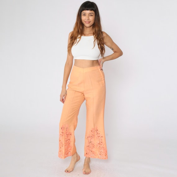 Vintage 70s Bell Bottom Pants Orange Lace Cutwork Retro Flared Trousers High Rise Cut Out Boho Hippie High Waisted Seventies 1970s Small 6