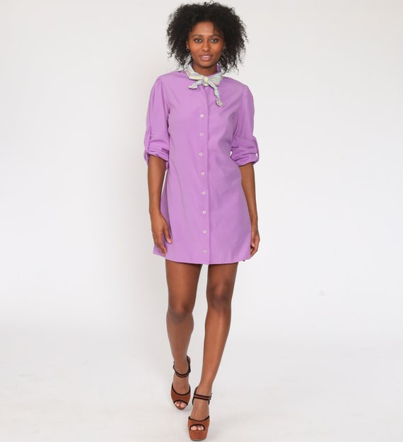 Purple Ascot Dress 70s Puff Sleeve Mini Button Up Dress Shirtdress Shift Plain 1970s Long Sleeve Vintage Twiggy Shirt Dress Small Medium