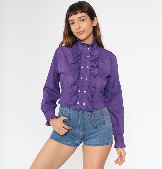 Tuxedo Crop Top 70s Purple Ruffle Blouse Button Up Boho Hippie Bohemian 1970s Vintage Semi-Sheer Double Breasted Long Sleeve Medium