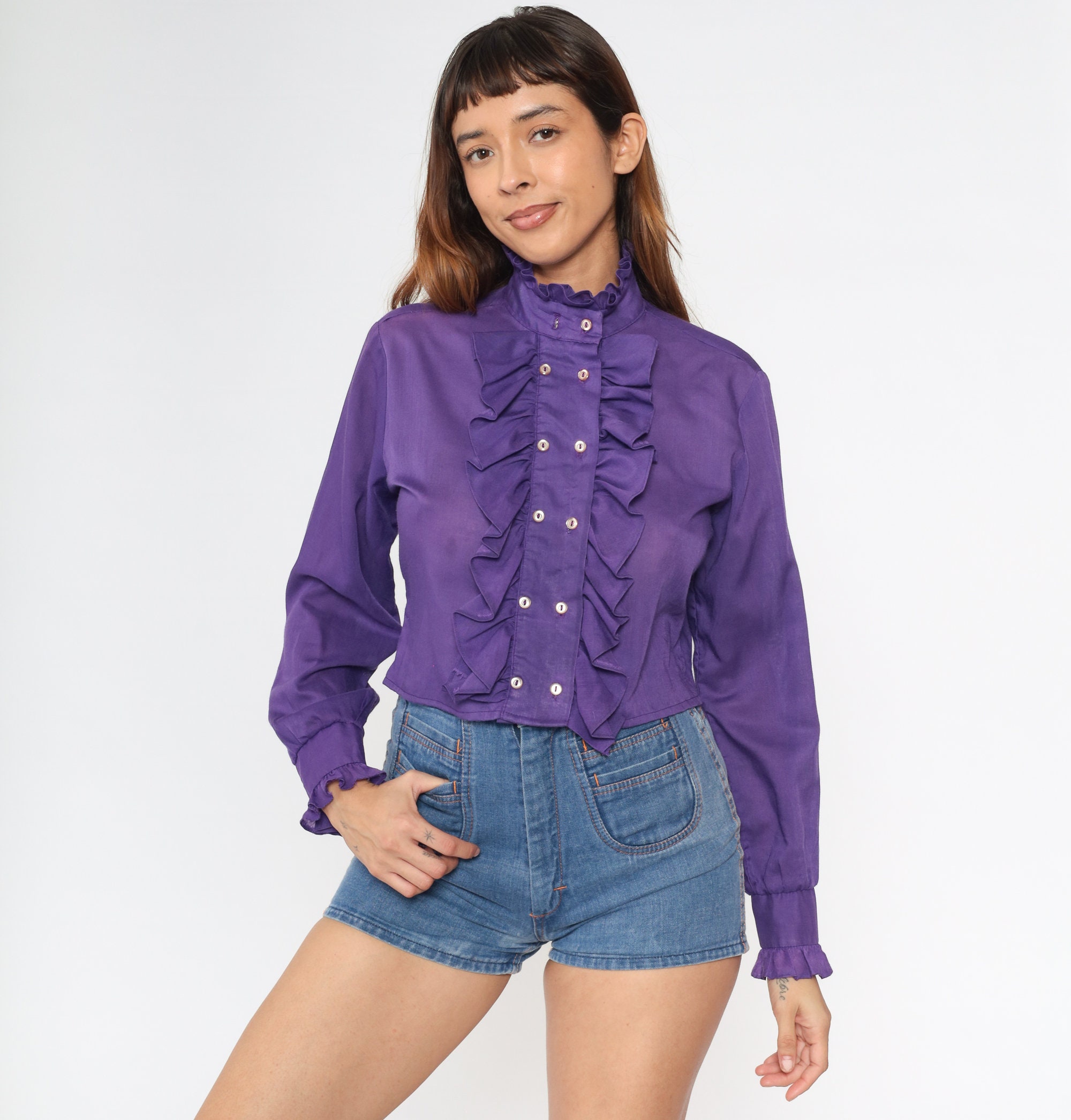 Tuxedo Crop Top 70s Purple Ruffle Blouse Button up Boho Hippie Bohemian 1970s Vintage Semi-sheer Double Breasted Long Sleeve Medium - Etsy Tuxedo Crop Top 70s Purple Ruffle Blouse Button up Boho Hippie Bohemian 1970s Vintage Semi-sheer Double Breasted Long Sleeve Medium - Etsy