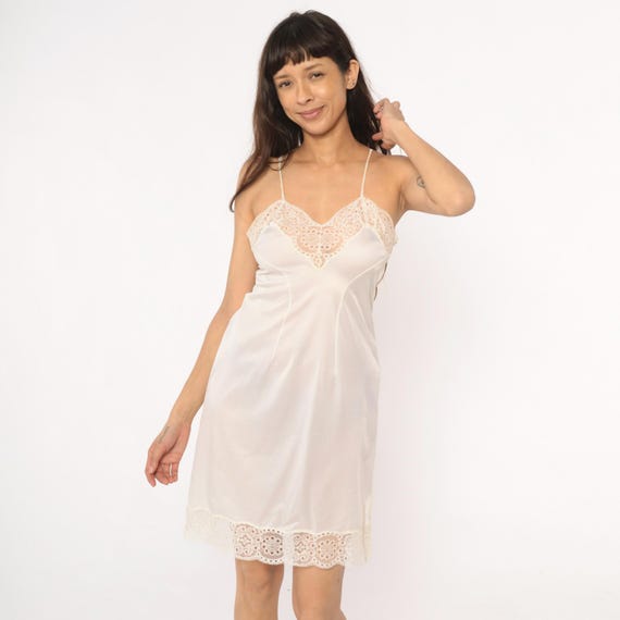 80s White Slip Dress Lace Trim Spaghetti Strap Lingerie Chemise Nightgown Ivory Cream Eyelet Vintage Bridal Loungewear Cottagecore Small S