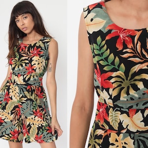 Summer Tropical Romper Playsuit BACK CUTOUT 80s One Piece Jumpsuit Jungle Shorts Floral Print Boho Vintage Black Small s