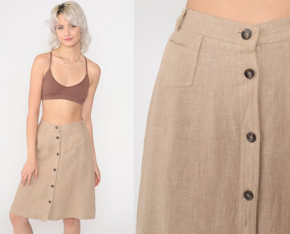 Linen Midi Skirt 80s Tan Button Up Straight Skirt… - image 1