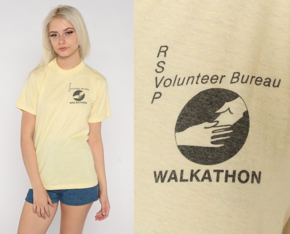 80s Walkathon T Shirt Pastel Yellow Volunteer Bureau T-Shirt Thin Walking Graphic Tee Retro Single Stitch Top Hipster Vintage 1980s Small S