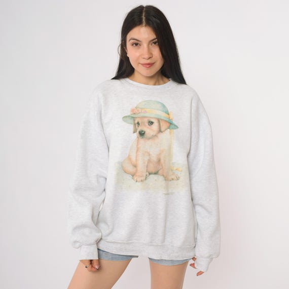 Puppy Sweatshirt 90s Cute Animal Print Golden Retriever Lab Dog Vintage Crewneck Pullover Kawaii Soft Grandma Core Extra Large XL