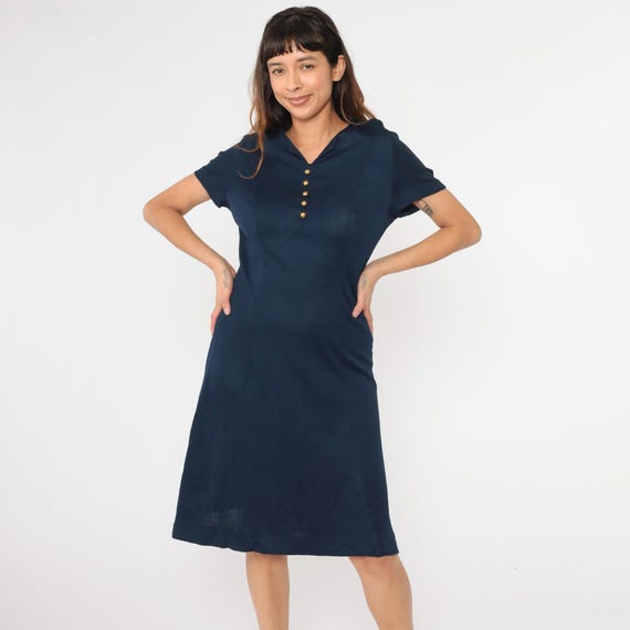 60s Navy Blue Shift Dress Mod Midi Dress Retro Short Sleeve Gogo Twiggy Plain Button Up Sixties Vintage 1960s Medium