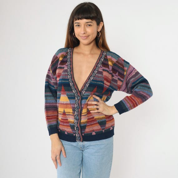 Vintage 90s Eddie Bauer Wool Cardigan Southwestern Sweater Zig Zag Geometric Gradient Striped Button Up 1990s Red Yellow Blue Small Petite