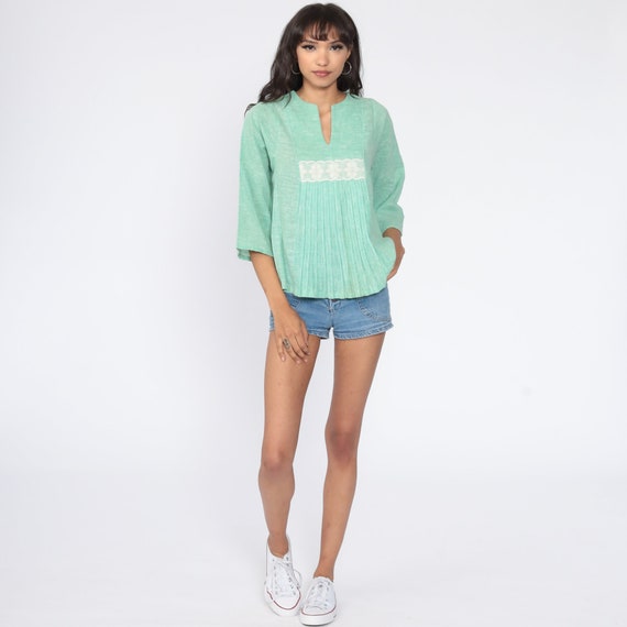 Boho Blouse Mint Green Bell Sleeve Cotton Gauze T… - image 2