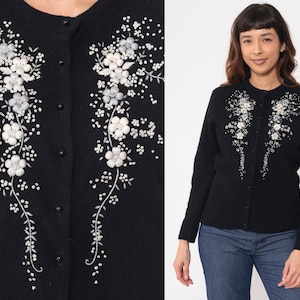 60s Floral Cardigan Black Embroidered Rose Sweater Button Up Grandma Sweater Retro Boho Hippie Knitwear Vintage 1960s Medium