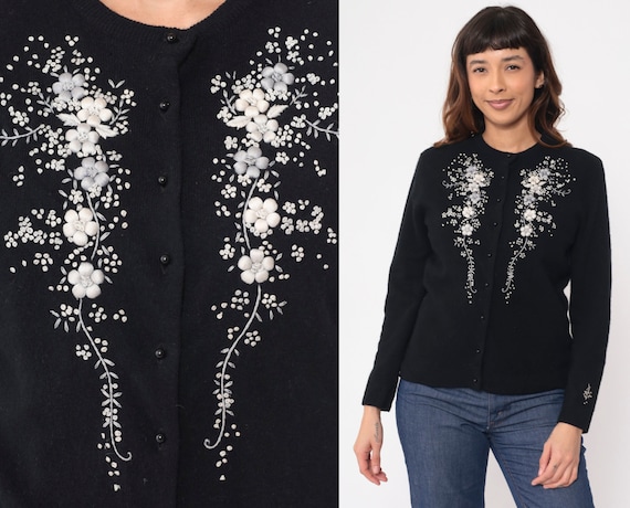 60s Floral Cardigan Black Embroidered Rose Sweater Button Up Grandma Sweater Retro Boho Hippie Knitwear Vintage 1960s Medium