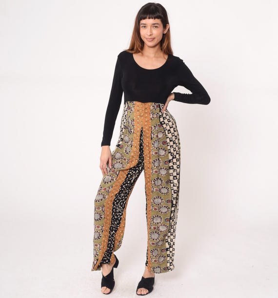 90s Abstract Jumpsuit Wide Leg Palazzo Pants Long Sleeve Black Top Vertical Panel Pattern Medallion Polka Dot Vintage Relaxed Fit Medium M