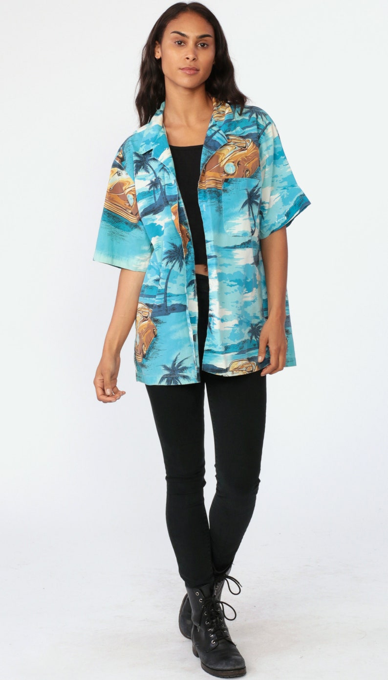 Tropical Car Shirt Surfer HAWAIIAN Blouse 80s Blue Top CLASSIC CAR Print Button Up Short Sleeve Surf Hipster Vintage Beach Extra Large xl l