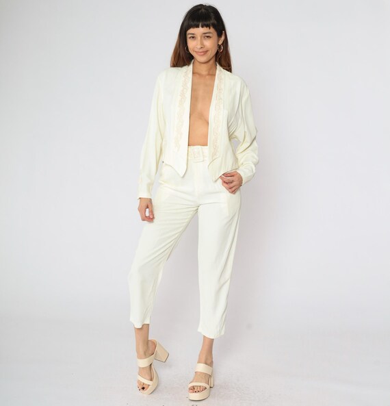 Vintage Two Piece Set 80s 90s Embroidered Cream Jacket & Cropped Ankle Pants 1980s Trouser Suit Open Front Blazer Long Sleeve Small