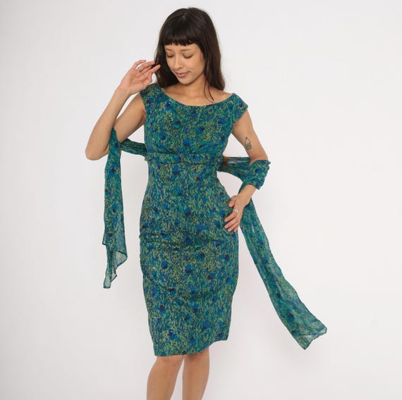Distressed 60s Peacock Print Sheath Dress Teal Green Blue Floral Boat Neck Cap Sleeve Pencil Cotton Wiggle Pin Up Cocktail Vintage Small S