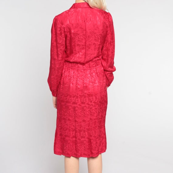 Red Silk Dress 80s Floral Midi Dress Shirtdress P… - image 6
