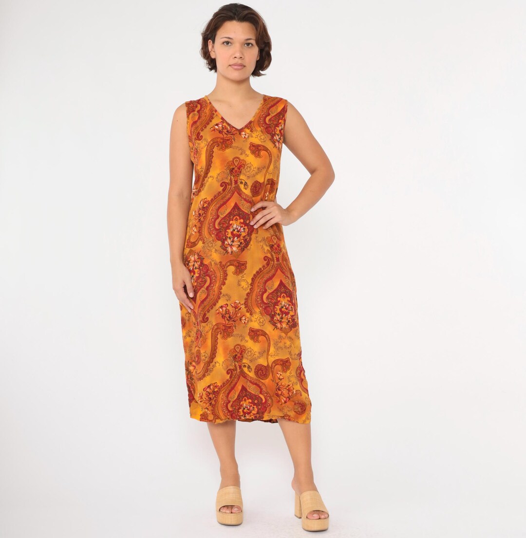 新品★DRESS HIPPY★PAISLEY HENRY T MUSTARD Vintage 90s Floral Paisley Dress Orange Grunge Midi Sundress