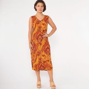 Vintage 90s Floral Paisley Dress Orange Grunge Midi Sundress Boho Hippie Sleeveless V Neck Shift Red Yellow Boho Hippie 1990s Rayon Medium