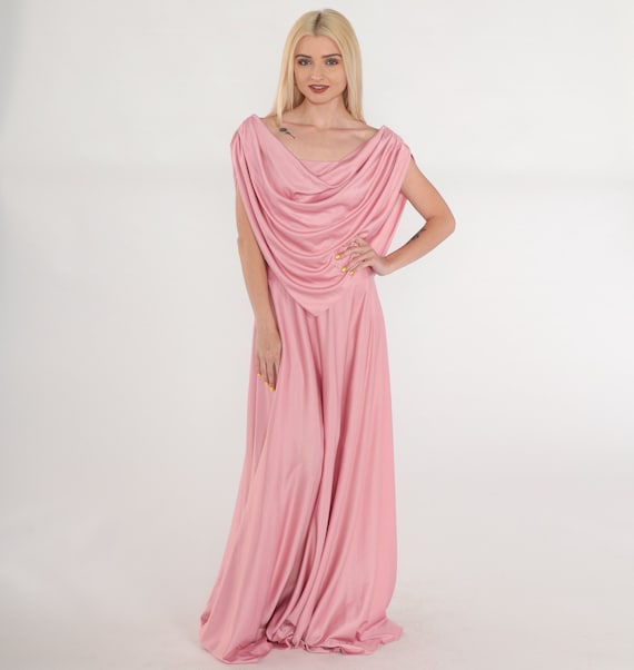 Vintage 70s Pink Gown Grecian Party Dress Off Shoulder Draped Maxi Long Formal Evening Cocktail Ballgown Retro 1970s Size Medium M Tall