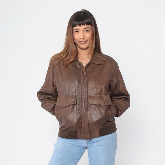 Brown Leather Pilot Jacket 90s Bomber Jacket Flight Biker Moto Coat Motorcycle Jacket Cargo Pocket Retro Zip Snap Up Vintage 1990s Small S