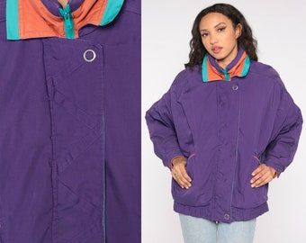 Purple Windbreaker Jacket 90s Zip Up Jacket Turquoise Orange Piping Striped Warmup Hipster Ski Jacket Vintage 1990s Warm Up 80s Medium M