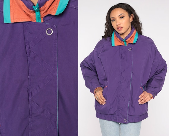 Purple Windbreaker Jacket 90s Zip Up Jacket Turquoise Orange Piping Striped Warmup Hipster Ski Jacket Vintage 1990s Warm Up 80s Medium M