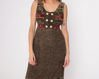 90s Boho Dress Folk Patchwork Sleeveless Midi Button Front Vintage Earthy Hippie Festival Bohemian  Southwest Aztec Geometric Rustic Small S
