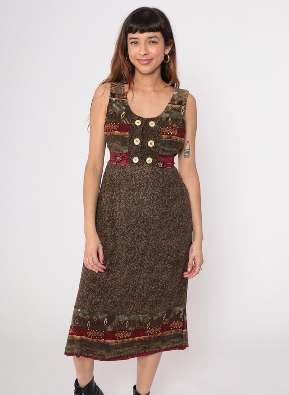 90s Boho Dress Folk Patchwork Sleeveless Midi Button Front Vintage Earthy Hippie Festival Bohemian  Southwest Aztec Geometric Rustic Small S